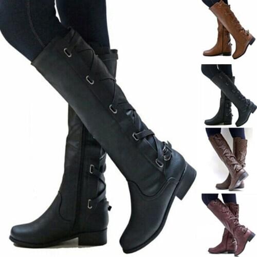 Womens Flat Zippper Boots Flat Knee High Long Boots Low Heel Thigh Winter Shoes Large Size Lace Up Martin Boots Round Head