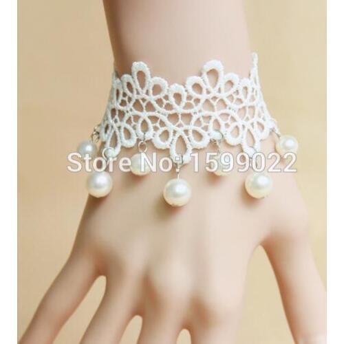 Korean Wedding Women Hand Jewellery Pearl Dangle White Lace Bracelet Woman Girls Princess Wristband Accessories Birthday Gifts