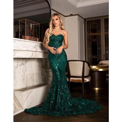 Elegant Long Sweetheart Sequined Evening Dresses Mermaid Green Corset Back Sweep Train Robes De Mariée Party Gowns For Women