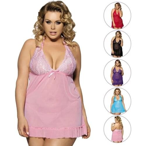 Womens Plus Size Lingerie Red Black Lace Hollow Out Split Cup Sleepwear Chemise Exotic Lenceria Nightgwon