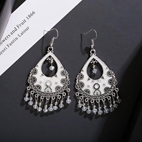 Ethnic Womens Water Drop Acrylic Tassel Earrings Boho White Hanging Dangle Earring Tibetan Charm Jewelry