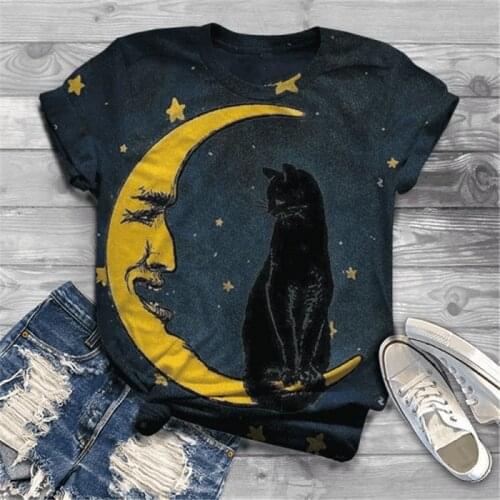Plus Size Lovely Cat Moon Print Short Sleeve T-shirt Women Round Neck Y2k Graphic Tee Top Ladies Clothing Animal Harajuku Tshirt