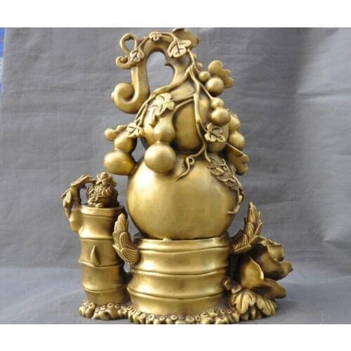 Chinese brass Gourd Flower Bamboo Golden Toad Spittor Feng Shui wealth Statue