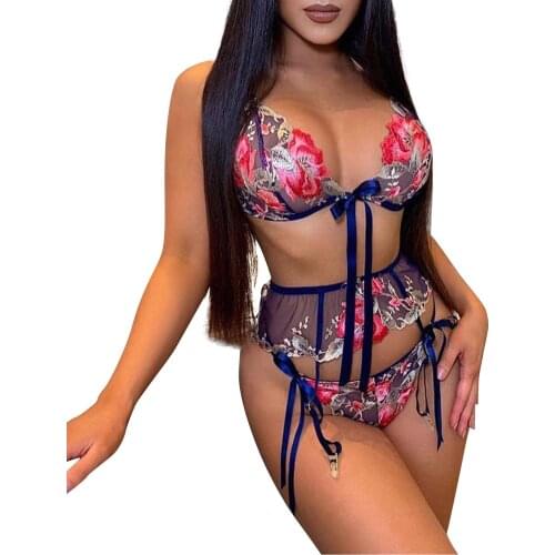 2021 New Erotic Underwear Sexy Bowknot Lace Embroidery printing Temptation Perspective breathable Women lingerie set
