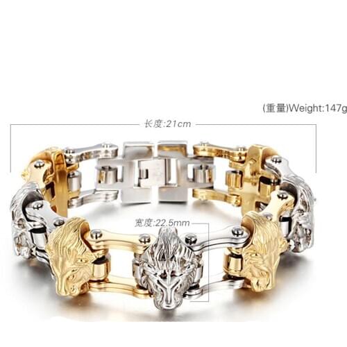 Hot Bracelet Chain Stainless Steel Silver Color And Gold Color Lion Head Bicycle Chain Mens Bracelet Bangle 9.05"(21cm) ,22.5mm
