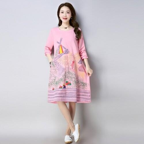 LUKAXSIKAX 2021 New Arrival Spring Autumn Women Long Sleeve Dress High Quality Fashion Print Vintage Cotton Linen Dress