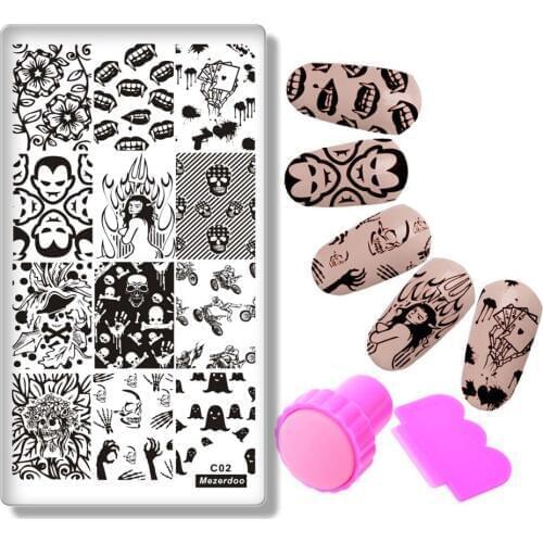Mezerdoo Halloween Vampire Rectangle Manicure Stamp Template 12*6cm Nail Art Image Plate Celebration with Pink Stamp Set