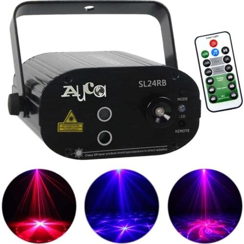 Mini Remote Sound RG 24 Patterns Laser Lights Projector Lamp 3W Blue LED Mixing Effect DJ KTV Home Party Stage Lighting SL24RB