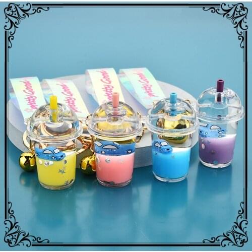 Fashion Creative Cartoon Car Into Oil Milk Tea Cup Keychain Cute Personality Acrylic Floating Charm Key Chain Girl Bag Keychain