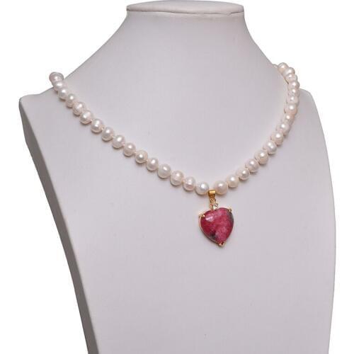New Style 8-9mm Natural White Pearls with Red Heart 22x23x8mm Pendant Pearls Necklaces 18inch for Women Party 18inch H594