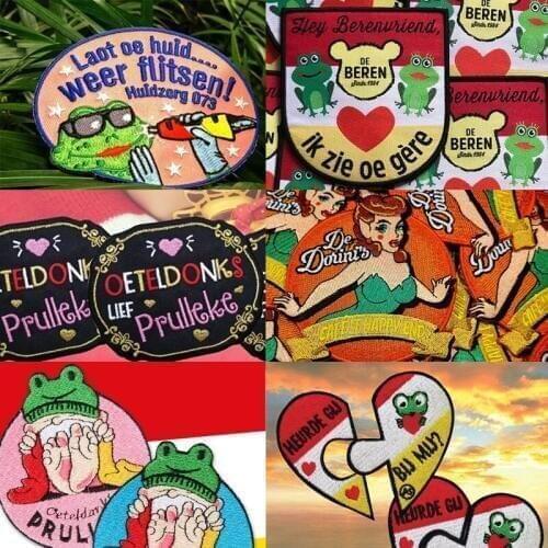 Oeteldonk Emblem Frog Carnival for Netherland Iron on Letter Patches for Clothing Stripes Badges Embroidery Patches for Clothing