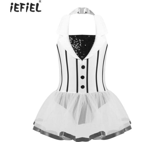 Kids Sequin Stripes Print Halter Neck Mesh Dress Girls Modern Jazz Dance Costumes Ballet Gymnastics Leotard Dress Dancewear