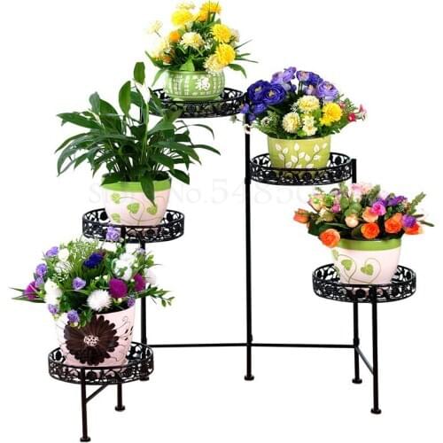 Wrought Iron Flower Stand Five-in-one Flower Pot Stand Indoor Balcony Living Room Floor Promotion Multi-layer European Green