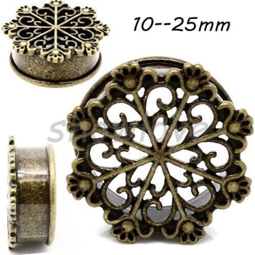 Showlove-16Pcs Tribal Snow Flake Antiqued Brass Ear Flesh Tunnel Plug Gauge Earrings Single Flared Expander 10--25mm