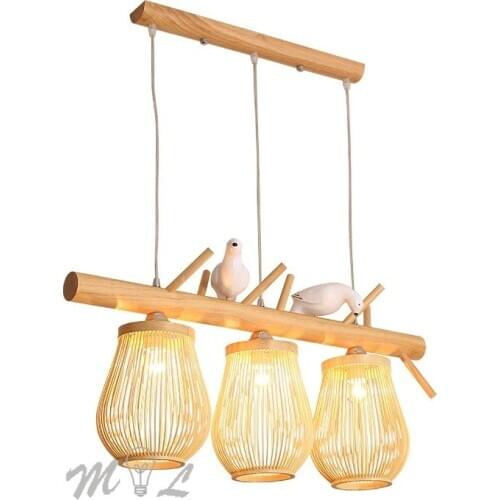 Modern Bird Light Pendant Lights Wood Lamp Bamboo Cage Hanging Lamps for Living Room Kitchen Fixtures Home Deco Suspension Lamp