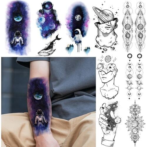 Blue Galaxy Astronaut Temporary Tattoos For Men Women Realistic Planet Chains Tatoo Spaceman Earth Body Art Fake Tattoo Stickers