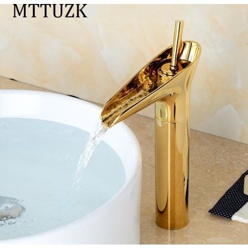 Vidric Free Shipping! Gloden Brass Waterfall Bathroom Faucet Single Handle Vanity Sink Mixer Tap Deck Mounted Wine Glass Faucet