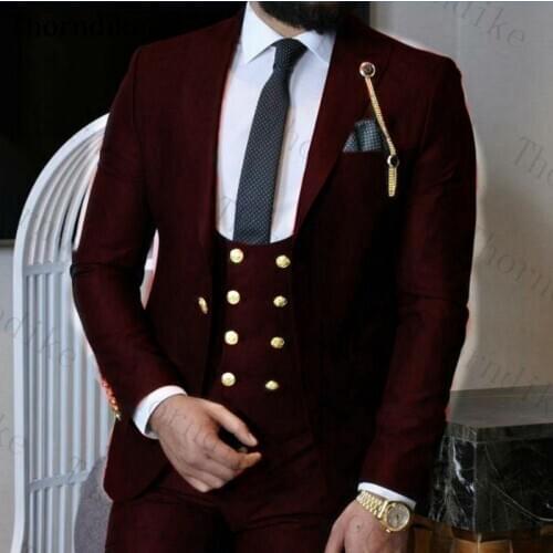 Thorndike Wine Red Busness Mens Suits Peaked Lapel Suit(Blazers+Pants+Vest) Custom Made Formal Wedding Suit Solid Elegant Suits