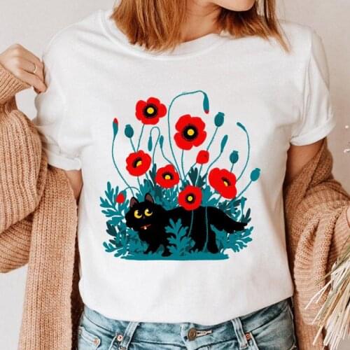 Women Cat Flower Graphic Pet Animal Top Print Clothing 90s T Shirt Female Tee Ladies Fashion Short Sleeve Cartoon T-shirt
