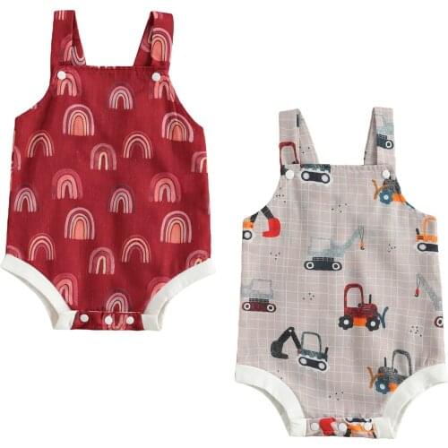 2021 New Summer 0-18M Baby Girl Boy Rainbow/Excavator Print Square Collar Bodysuit Sleeveless Toddler Infant Clothes Red/Gray