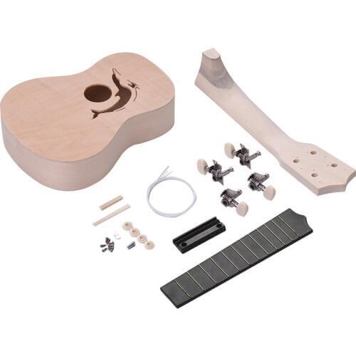 21 Inches Unfinished DIY Ukulele Ukelele Uke Kit Basswood Body & Neck Plastic Fingerboard & Bridge Nylon String for Ukulele