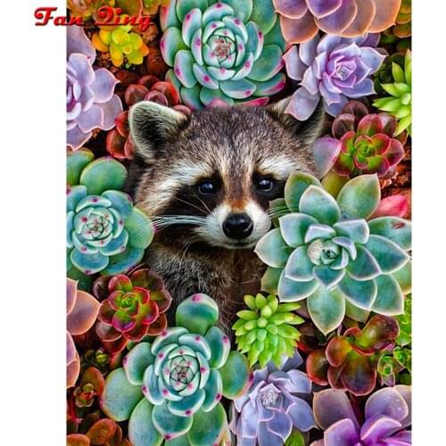 5D Diy Diamond Painting Succulent plants and raccoons Embroidery Mosaic Cross Stitch Full Square Round Rhinestone Home Decor