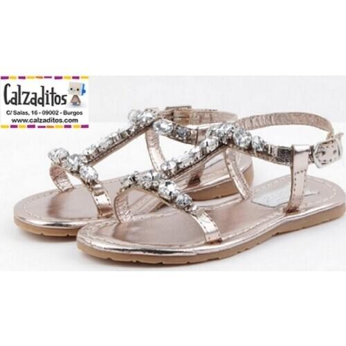 Girls sandals in platinum leather with synthetic jewelry