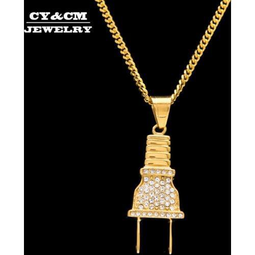 CY&CM Gold Color Mens Women Electric Plug Socket Charm Pendant Necklace Hip hop Stainless Steel Iced Out CZ Rhinestone Jewelry