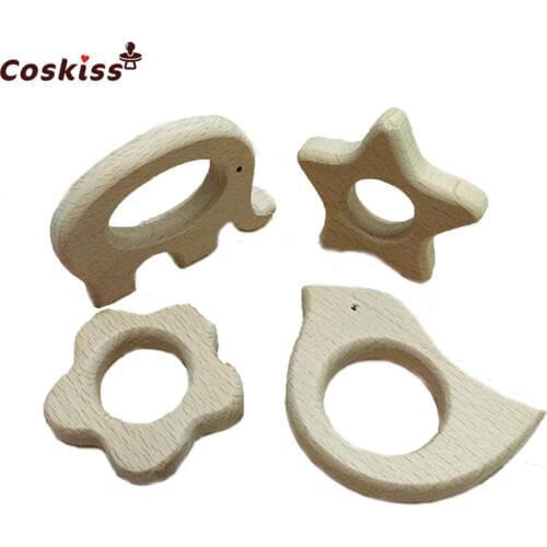 DIY Baby Teether Toys Organic Natural Beech Wooden Elephant-Bird-Star-Flower Hand Cut Toys Baby Wooden Teether Gift