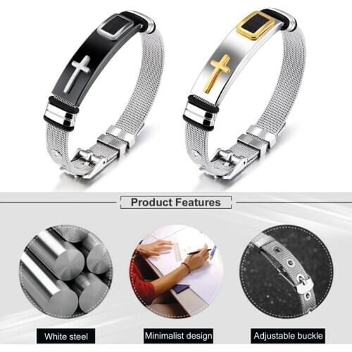 Men Stainless Steel Wire Mesh Strap Watch Belt Bangle Christian Cross Bracelet Adjustable