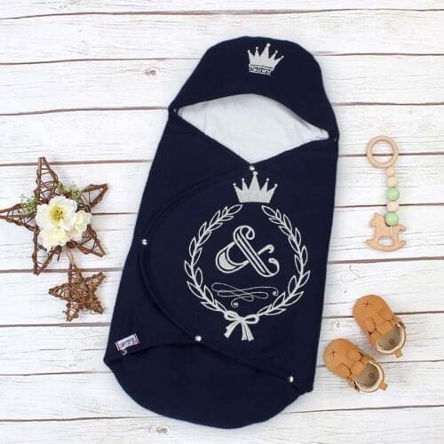 Navy Blue Baby Swaddle Boy Girl NewBorn Infant King Crown Embroidered Car Bed Blanket Male Babies Cotton Casual Style Swaddle