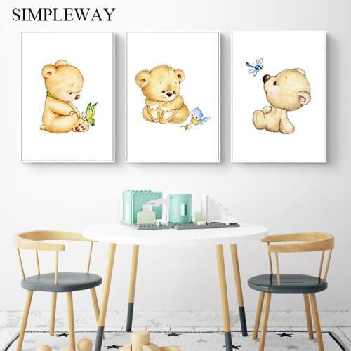 Kawaii Bear Nursery Wall Art Canvas Poster Nursery Simple Print Painting Nordic Kids Decorative Picture Baby Bedroom Decoration