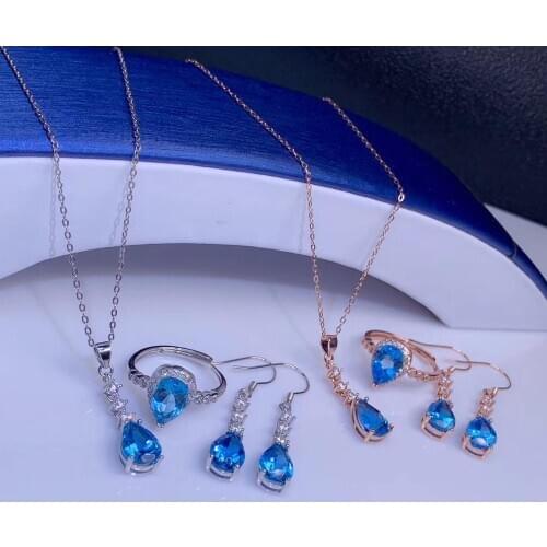 Elegant blue Topaz gemstone ring earring and necklace jewelry set natural gem good color 925 sterling silver girl party gift