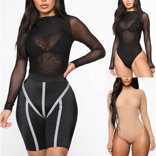 Fashion Women Mesh Sheer Jumpsuit Bodysuit Long Sleeve Stretch Rompers Womens Jumpsuit Leotard Top Skinny Basic Blouse