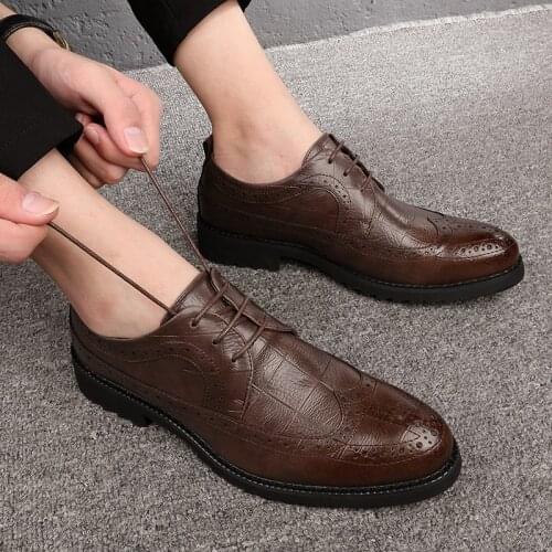 RUIDENG men business shoes Flats Fashion dress shoes synthetic pointed toe lace up Casual Classic Gentleman hot sell black