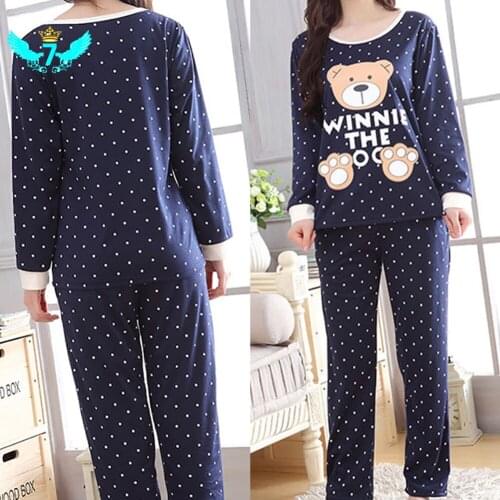 Womens long-sleeved trousers home service suit spring and autumn winter thin cartoon bear wave point cute loose pajamas TOA