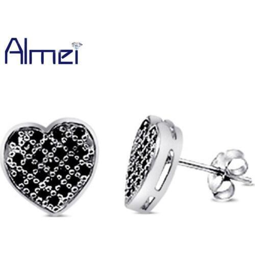 Almei 15%Off Black Heart Love Earrings Zircon for Women Girl Gifts Crystal Stud Earring 925 Silver CZ Zircon Cheap Jewelry