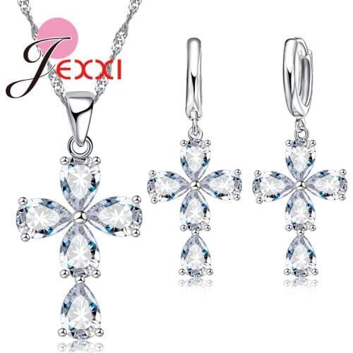Sparkling Cross Crystal Necklace Pendent Earrings For Women 925 Sterling Silver Jewelry Set For Anniversary Party Gift