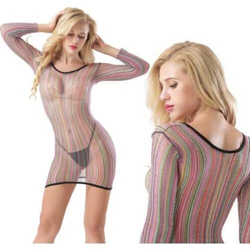 Candiway Sexy Fishnet mini dress rainbow Mesh Body Stocking Open Crotch Female Erotic Lingerie teddy Sleepwear fantasy Intimates