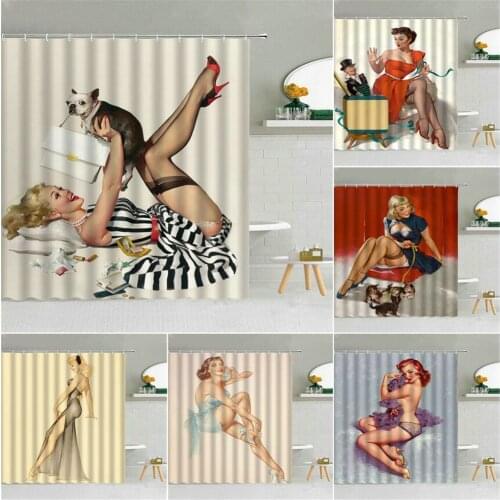 American Fashion Woman Shower Curtain Dog Classic Dress Bathroom Decor Temptation Girl Bath Bathtub Waterproof Hooks Curtains