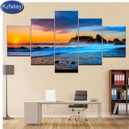 Large Ruby Beach sunset seascape 5 Panel diamond painting new 2019 needlework diamond mosaic rhinestones picture decor home set