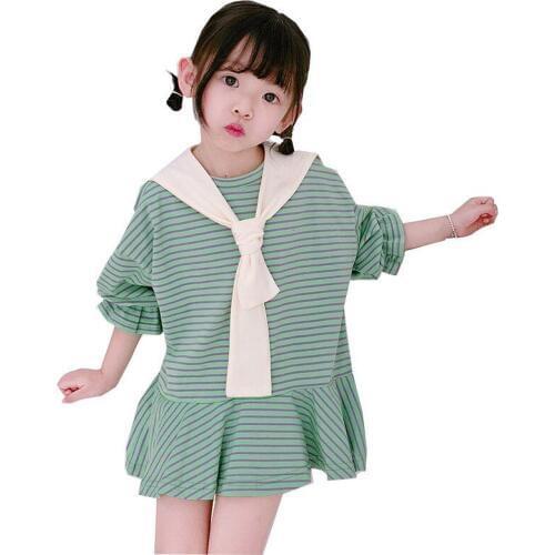 Kids Dresses Casual Loose Stripes Lapel Splice Infant Dress Cotton Ruffle Toddler Baby Clothing Bell Sleeve Girls Dress 2019