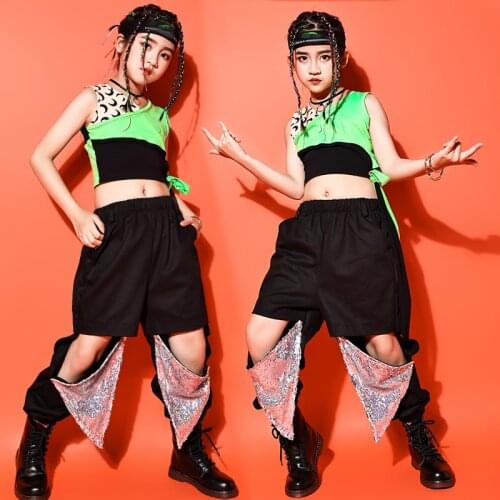 Childrens Jazz Dance Costume Girls Hip Hop Clothing Crop Tops Sequin Pants Cool Hiphop Outfit Ballroom Dance Stage Wear VDB3485
