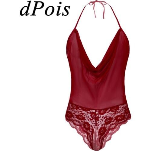 Men Sissy Lingerie One-piece Halter Lace-up Mesh See-through Lace Bodysuit Babydoll Sleepwear Nightwear Gay Homme Sexy Bodysuit