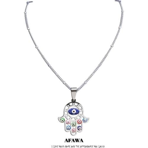 Stainless Steel Islam Colorful Turkey Eyes Hamsa Hand Necklaces Chain Silver Color Necklaces Muslim Jewelry ojo turco N5219S05