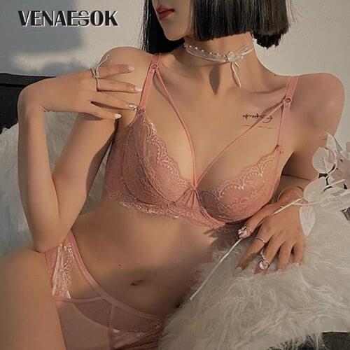 2021 Pink Bra Transparent white Lace Fashion Brassiere Deep V Underwear Women Bra and Panties Sets Embroidery Sexy Lingerie Set