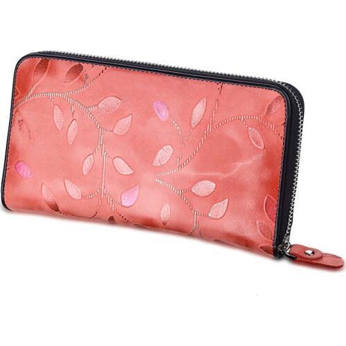 Red Embossed Leaves Olive branch Real Genuine Leather Zipper Long Wallets Women Clutche Purse for Coins Phone Card Holder bag