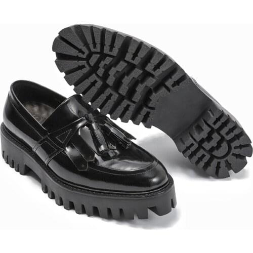 New Spring Black Casual shoes Slip on Loafers Genuine Leather Goodyear Round Toe Party Dress Shoes high heel fringe