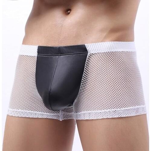 Mens Boxer Shorts Gay Underwear Sexy See-Through Big Mesh Stitching PU Boxers Sexy Erotic Low-Waist Penis Pocket Male Panties