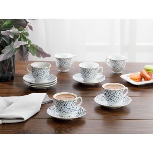 Belize Porcelain 12 Piece Coffee Cup Set 90 ml Blue - Off White High Quality, Made in Turkey, Kitchen, Fast Shipping